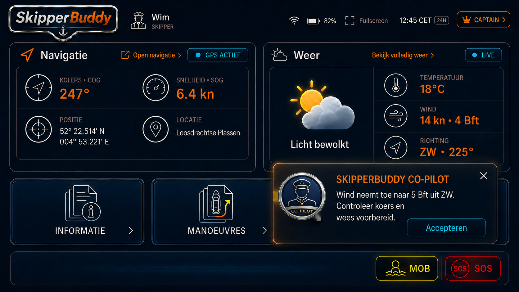 Example of a SkipperBuddy Co-Pilot boating alert on the MFD dashboard